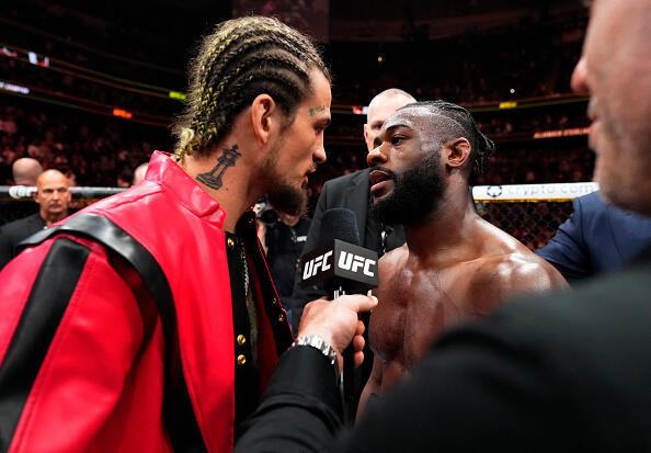 Sean O'Malley and Aljamain Sterling have words after Sterling's victory over Henry Cejudo in the UFC bantamweight championship fight during the UFC 288 event at Prudential Center on May 06, 2023 in Newark, New Jersey. (Photo by Chris Unger/Zuffa LLC) 