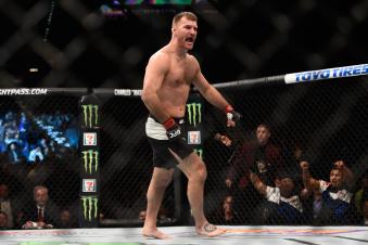 LAS VEGAS, NV - JANUARY 02: Stipe Miocic reacts to his victory over Andrei Arlovski in their heavyweight bout during the UFC 195 event inside MGM Grand Garden Arena on January 2, 2016 in Las Vegas, Nevada. (Photo by Jeff Bottari/Zuffa LLC/Zuffa LLC via Getty Images)