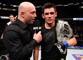 BOSTON, MA - JANUARY 17:  Dominick Cruz (R) is interviewed by Joe Rogan after his victory over TJ Dillashaw in their UFC bantamweight championship bout during the UFC Fight Night event inside TD Garden on January 17, 2016 in Boston, Massachusetts. (Photo by Jeff Bottari/Zuffa LLC via Getty Images)