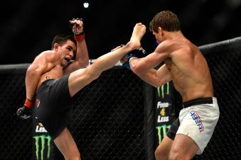 INGLEWOOD, CA - JUNE 04: (L-R) Dominick Cruz kicks Urijah Faber during the UFC 199 event at The Forum on June 4, 2016 in Inglewood, California.  (Photo by Brandon Magnus/Zuffa LLC via Getty Images)