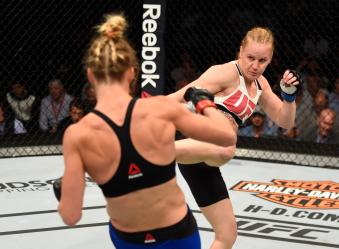 CHICAGO, IL - JULY 23:  (R-L) Valentina Shevchenko of Kyrgyzstan kicks Holly Holm in their women's bantamweight bout during the UFC Fight Night event at the United Center on July 23, 2016 in Chicago, Illinois. (Photo by Josh Hedges/Zuffa LLC via Getty Images)