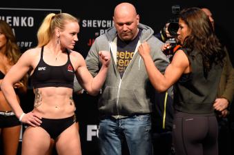 DENVER, COLORADO - JANUARY 27:  (L-R) Valentina Shevchenko of Kyrgyzstan and Julianna Pena face off during the UFC Fight Night weigh-in at the Pepsi Center on January 27, 2017 in Denver, Colorado. (Photo by Josh Hedges/Zuffa LLC via Getty Images)