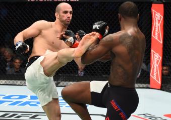 HOUSTON, TX - FEBRUARY 04:  (L-R) Volkan Oezdemir of Switzerland kicks Ovince Saint Preux in their light heavyweight bout during the UFC Fight Night event at the Toyota Center on February 4, 2017 in Houston, Texas. (Photo by Jeff Bottari/Zuffa LLC via Getty Images)