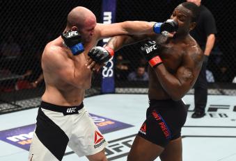 HOUSTON, TX - FEBRUARY 04:  (L-R) Volkan Oezdemir of Switzerland punches Ovince Saint Preux in their light heavyweight bout during the UFC Fight Night event at the Toyota Center on February 4, 2017 in Houston, Texas. (Photo by Jeff Bottari/Zuffa LLC via Getty Images)