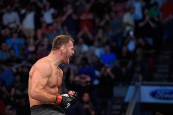 DALLAS, TX - MAY 13: Stipe Miocic celebrates his TKO victory over Junior Dos Santos in their UFC heavyweight championship fight during the UFC 211 event at the American Airlines Center on May 13, 2017 in Dallas, Texas. (Photo by Josh Hedges/Zuffa LLC/Zuffa LLC via Getty Images)