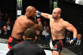 Volkan Oezdemir punches Jimi Manuwa in their light heavyweight bout during the UFC 214 event at Honda Center on July 29, 2017 in Anaheim, California.
