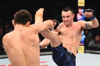 SAO PAULO, BRAZIL - OCTOBER 28:  (R-L) Colby Covington kicks Demian Maia of Brazil in their welterweight bout during the UFC Fight Night event inside the Ibirapuera Gymnasium on October 28, 2017 in Sao Paulo, Brazil. (Photo by Josh Hedges/Zuffa LLC via Getty Images)