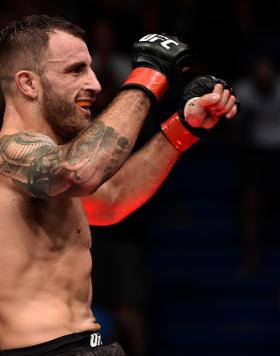 Alexander Volkanovski of Australia celebrates his victory over Jeremy Kennedy of Canada in their featherweight bout during the UFC 221 event at Perth Arena on February 11, 2018 in Perth, Australia. (Photo by Jeff Bottari/Zuffa LLC)