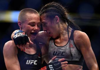 BROOKLYN, NEW YORK - APRIL 07:  (L-R) Opponents Rose Namajunas and Joanna Jedrzejczyk of Poland embraces after the conclusion of their women's strawweight title bout during the UFC 223 event inside Barclays Center on April 7, 2018 in Brooklyn, New York. (Photo by Brandon Magnus/Zuffa LLC via Getty Images)