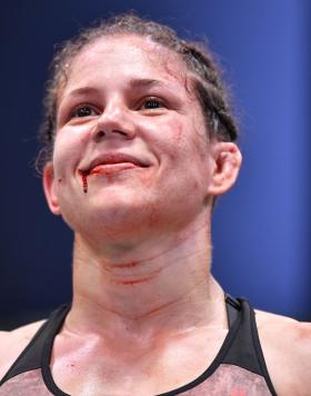 Karol Rosa of Brazil reacts after her victory over Joselyne Edwards of Panama in their bantamweight fight during the UFC Fight Night event at UFC APEX on February 06, 2021 in Las Vegas, Nevada. (Photo by Chris Unger/Zuffa LLC)