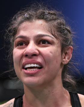 Mayra Bueno Silva of Brazil reacts after her submission victory over Mara Romero Borella in their flyweight bout during the UFC Fight Night event at UFC APEX on September 19, 2020 in Las Vegas, Nevada. (Photo by Chris Unger/Zuffa LLC)