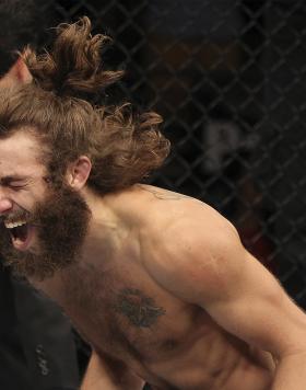 Michael Chiesa reacts to his submission victory in a Lightweight bout against Al Iaquinta during The Ultimate Fighter Live Finale at the Pearl Theater at the Palms Casino Resort on June 1, 2012 in Las Vegas, Nevada. (Photo by Josh Hedges/Zuffa LLC
