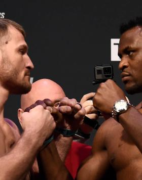 (L-R) Stipe Miocic and Francis Ngannou of Cameroon face off during the UFC 220 weigh-in at TD Garden on January 19, 2018 in Boston, Massachusetts. (Photo by Jeff Bottari/Zuffa LLC/Zuffa LLC via Getty Images)