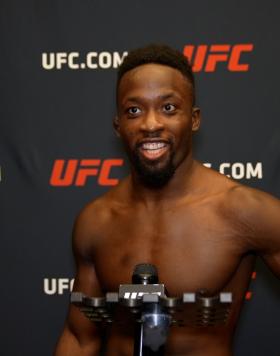Featherweight Sodiq Yusuff Reacts With UFC.com After His Submission Victory Over Don Shanis At UFC Fight Night: Dern vs Yan on October 1, 2022