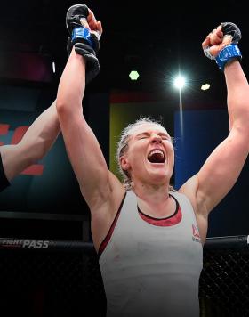 Yana Kunitskaya of Russia reacts after her victory over Ketlen Vieira of Brazil in a bantamweight bout during the UFC Fight Night event at UFC APEX on February 20, 2021 in Las Vegas, Nevada. (Photo by Chris Unger/Zuffa LLC)
