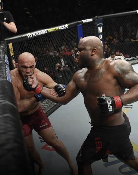 Derrick Lewis drops Aleksei Oleinik of Russia in their heavyweight fight during the UFC Fight Night event at UFC APEX on August 08, 2020 in Las Vegas, Nevada. (Photo by Chris Unger/Zuffa LLC)