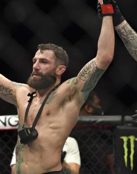 Michael Chiesa reacts after his victory over Neil Magny in a welterweight fight during the UFC Fight Night event at Etihad Arena on UFC Fight Island on January 20, 2021 in Abu Dhabi, United Arab Emirates. (Photo by Chris Unger/Zuffa LLC)