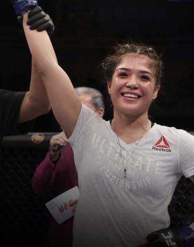 Tracy Cortez celebrates after defeating Vanessa Melo of Brazil in their bantamweight fight during the UFC Fight Night event at Ibirapuera Gymnasium on November 16, 2019 in Sao Paulo, Brazil. (Photo by Alexandre Schneider/Zuffa LLC