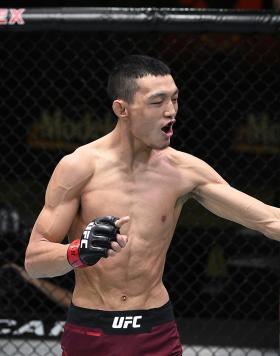  Sumudaerji of Tibet reacts after defeating Malcolm Gordon in their flyweight bout during the UFC Fight Night at UFC APEX on November 28, 2020 in Las Vegas, Nevada. (Photo by Chris Unger/Zuffa LLC)