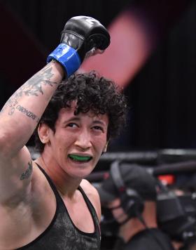 Virna Jandiroba of Brazil celebrates after her submission victory over Felice Herrig in their strawweight bout during the UFC 252 event at UFC APEX on August 15, 2020 in Las Vegas, Nevada. (Photo by Jeff Bottari/Zuffa LLC)